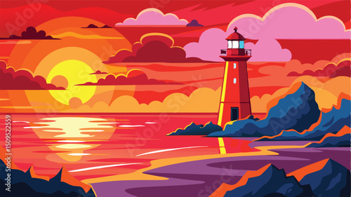 Red sunset lighthouse seascape coastal scene