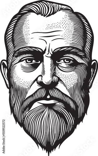 mature man with a thick patterned beard stares intently into the distance.