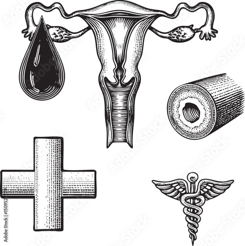 detailed black and white showcases a uterus a blood droplet a medical cross and a caduceus symbol.