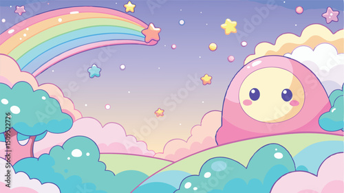 Pastel dreamland kawaii landscape rainbow stars