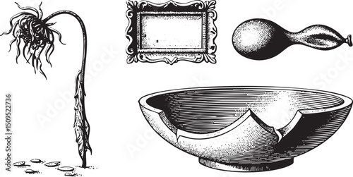 withered flower rests beside a broken ceramic bowl and an ornate frame.