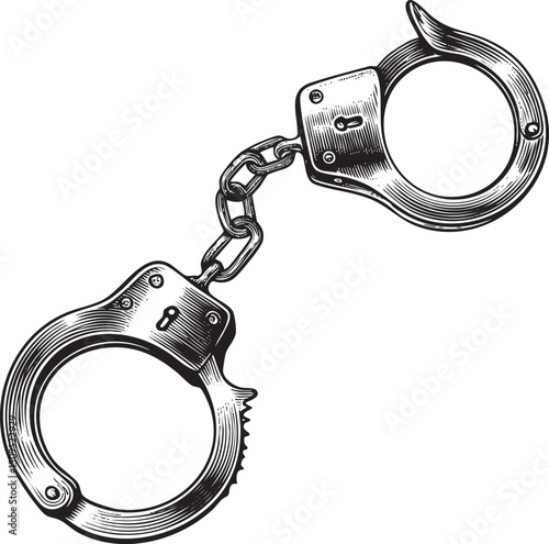 Detailed black and white of metal handcuffs.