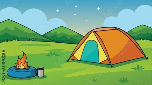 Camping tent in mountain meadow campsite scene