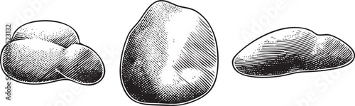 Three distinct stones rest on a white background.