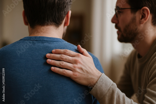Man offers emotional support with intelligence and care by gently placing his hand on another person back in comforting gesture