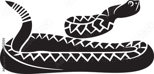 stylized black and white snake coils gracefully on a solid background.