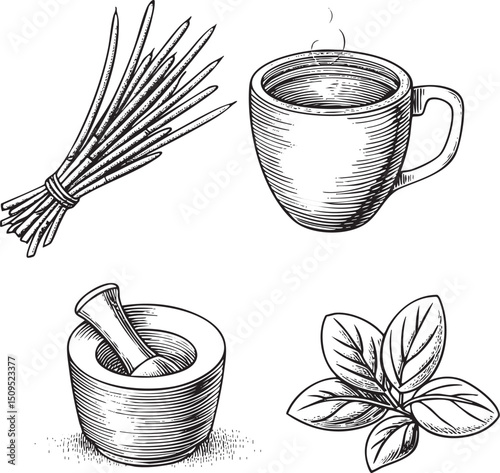 ceramic mug contains a steaming beverage alongside a bundle of dried reeds and a mortar with herbs.