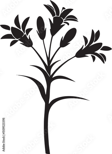 stylized silhouette of a flowering plant with delicate branches and blossoms.