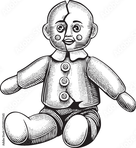 cracked porcelain doll sits serenely on a textured surface.
