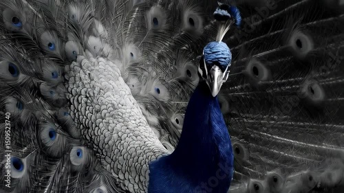 Elegant peacock portrait with blue and silver feathers displaying its beauty, majestic plumage and intricate details, bird photography