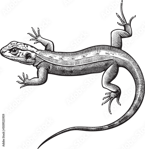 detailed black and white of a lizard resting on a smooth surface.