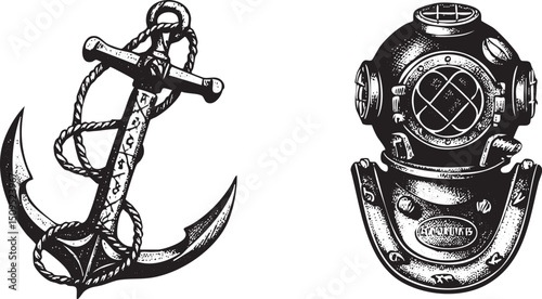 detailed black and white depicts an anchor and a diving helmet.