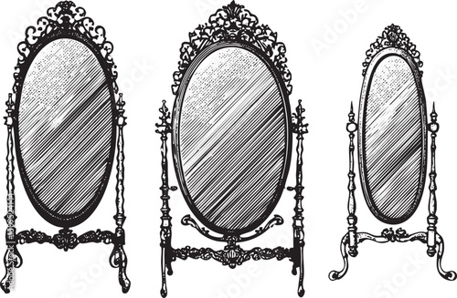 Three ornate antique mirrors stand on slender decorative frames.