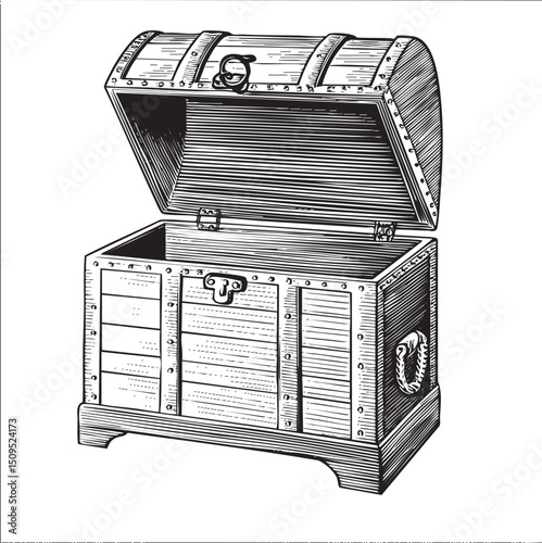 weathered wooden chest with a metal clasp is open revealing its interior.