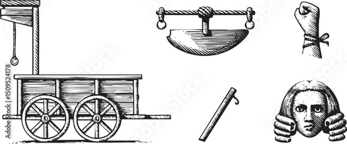 vintage depicts a wooden cart grinding stone and a portrait head.