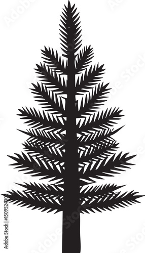 solitary evergreen tree stands tall against a stark white background.
