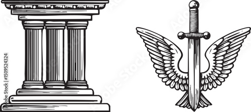 black and white depicts a classical column and a winged sword emblem.