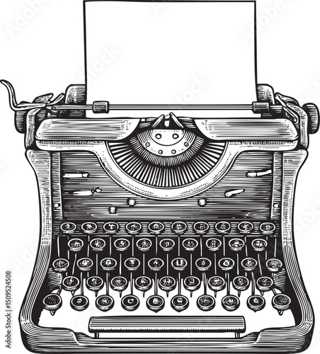 vintage typewriter sits on a blank sheet of paper ready for writing.