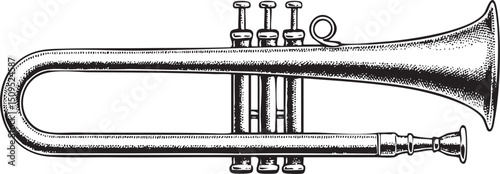 black and white depicts a gleaming brass trumpet.