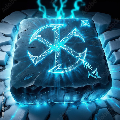 Glowing blue rune symbol engraved on a dark stone surface with mystical energy emanating from it, surrounded by a jagged ice-like structure in a dark environment.