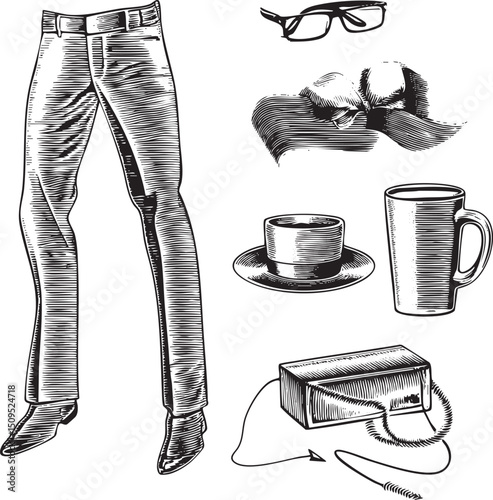man’s trousers and accessories are displayed on a white background.