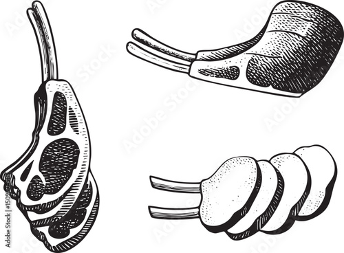 Three stylized cuts of roasted meat are displayed on a white background.