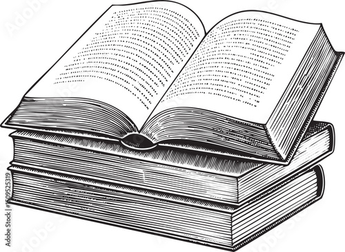 Three stacked books are open and displaying .