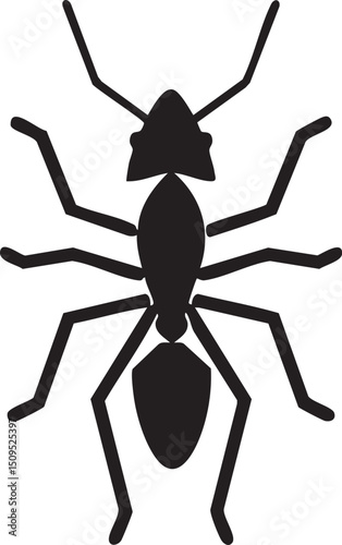 stylized black silhouette of an ant crawls across a white background.