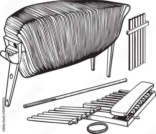 black and white depicts a bellows instrument and a small harp.