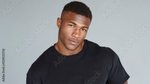 Confident Young Man  Portrait  Black T Shirt  Studio Shot  Serious Expression  Attractive