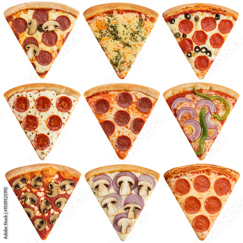 Delicious Pizza Slices Variety Pack Showing Pepperoni Mushroom Onion Veggie and Cheese Toppings
