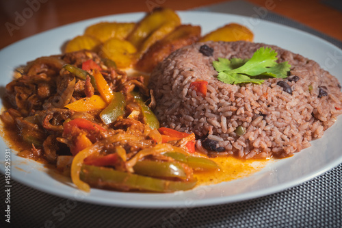 Photography Arroz Congri, Ropa Vieja, and Fried Plantains, Delicious Colorful Cuban Dish