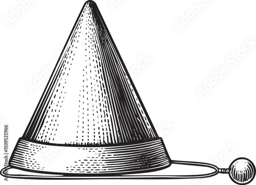 stylized black and white conical hat rests on a smooth surface.