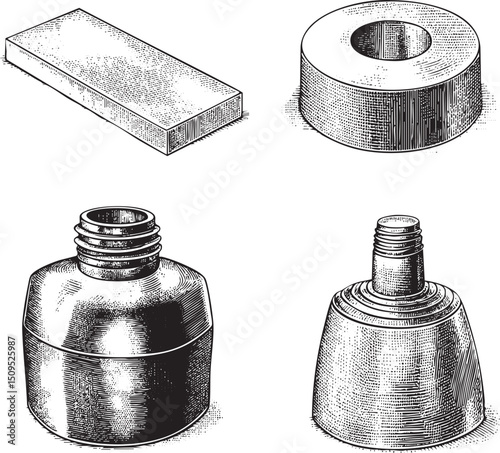 Four geometric shapes are presented in a detailed shaded engraving.