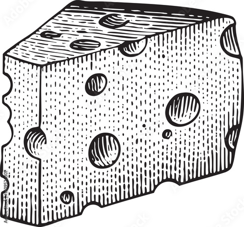large block of cheese with visible holes is being bitten.