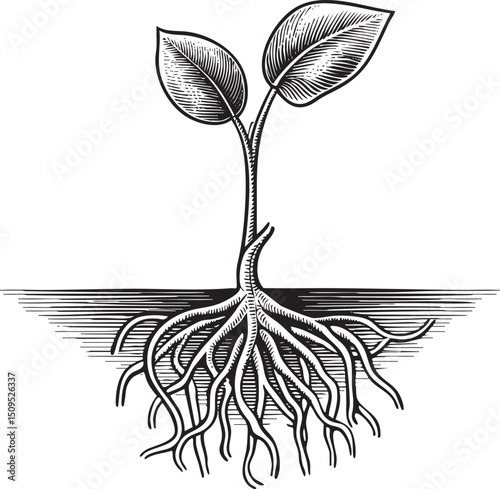 young plant emerges from the earth displaying delicate leaves and a network of roots.