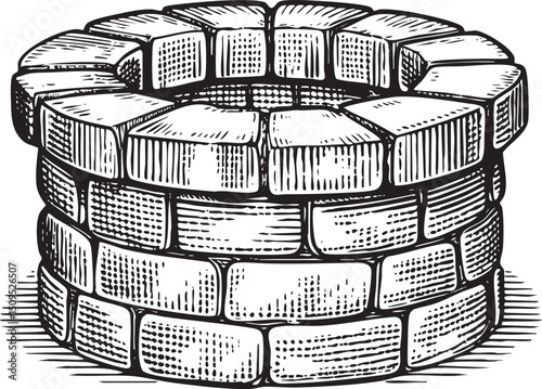weathered stone well stands vertically constructed with stacked rectangular blocks.