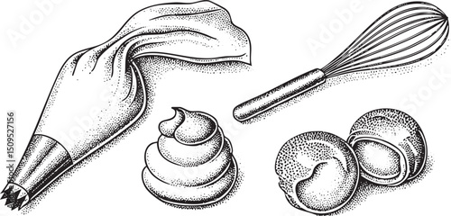 decorative pastry bag a whisk and chocolate spheres sit on a surface.