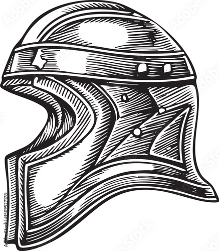 detailed black and white sketch depicts a rounded helmet with intricate geometric .