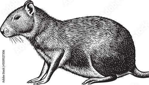 detailed black and white of a long-tailed rat stands upright.