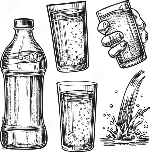 bottle of liquid and a glass with splashing water.