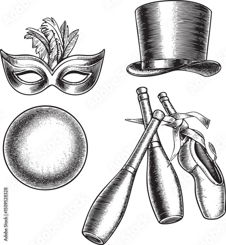 Elegant black and white showcases theatrical masks a top hat a juggling ball and ballet slippers.