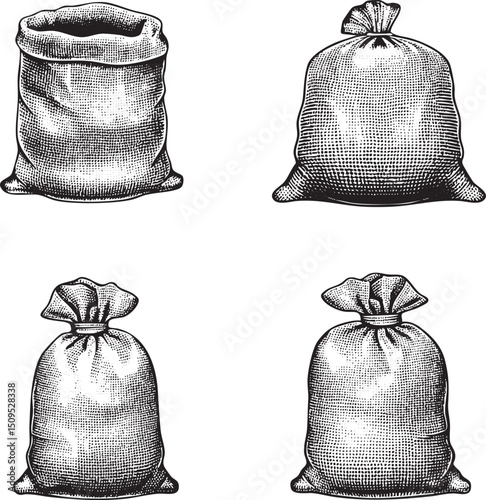 Four monochrome burlap sacks stand upright showcasing varied shapes and textures.