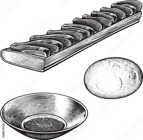 row of sliced bread rests on a wooden tray alongside a citrus fruit and a ceramic bowl.