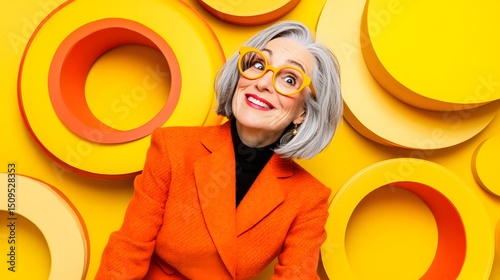 Stylish Senior Woman in Orange Jacket, Yellow Circles Background