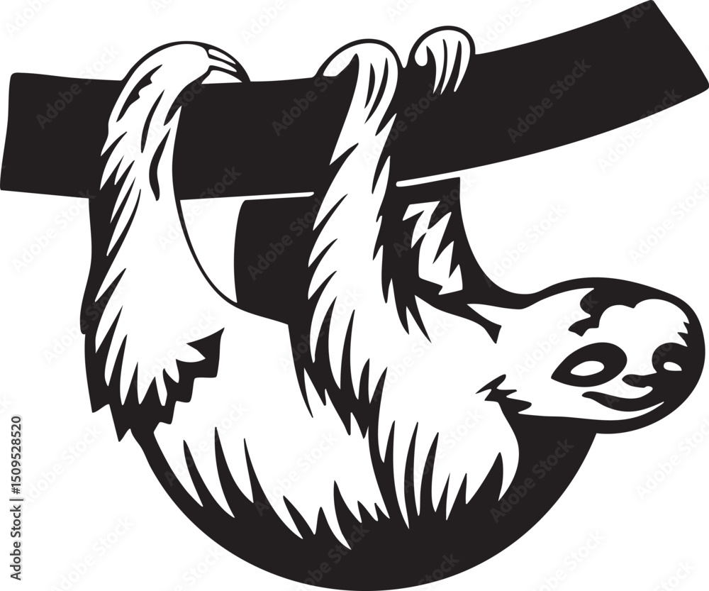 Obraz premium monochrome sloth hangs upside down from a branch.