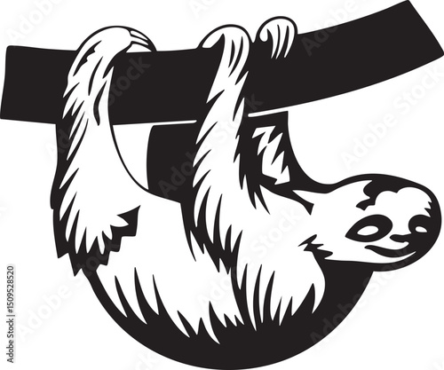 monochrome sloth hangs upside down from a branch.