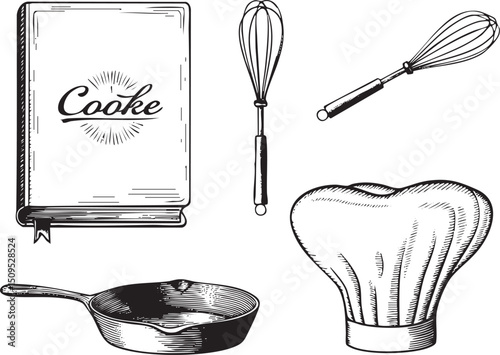 vintage cookbook whisk chef's hat and skillet are arranged on a white background.