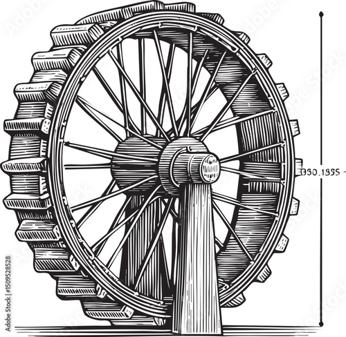 detailed black and white depicts a large water wheel with intricate gear .