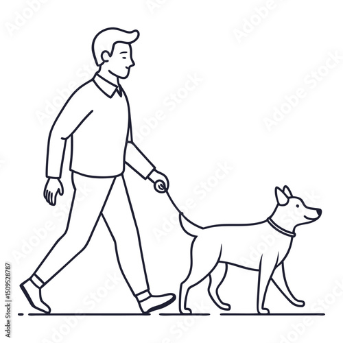 man walking with dog line art silhouette vector